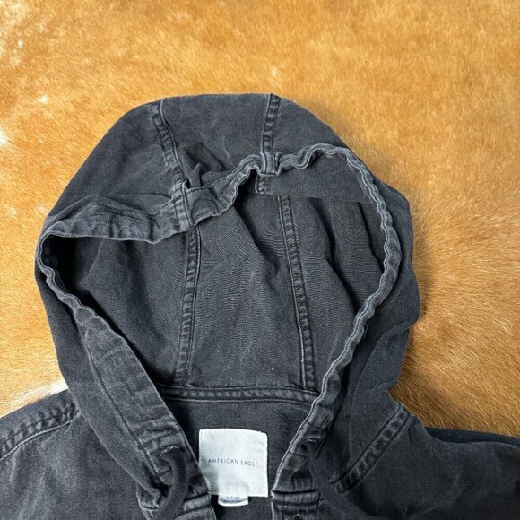 American Eagle Black Button Up Hooded Shirt - Size Small - Picture 4 of 6